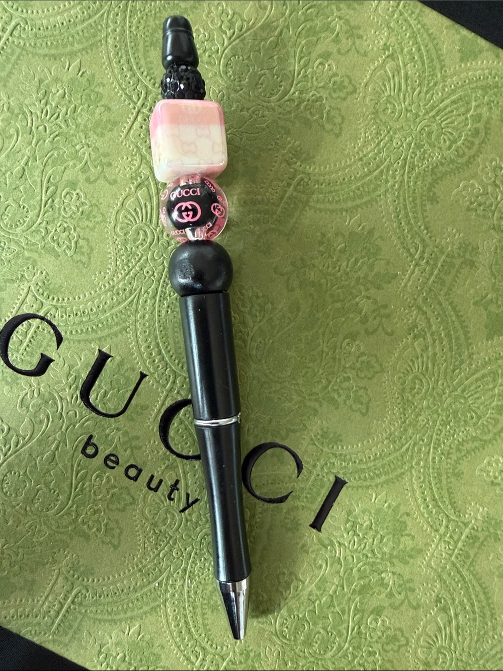 Black Pen with Pink Logo Beads and Ivory Accent